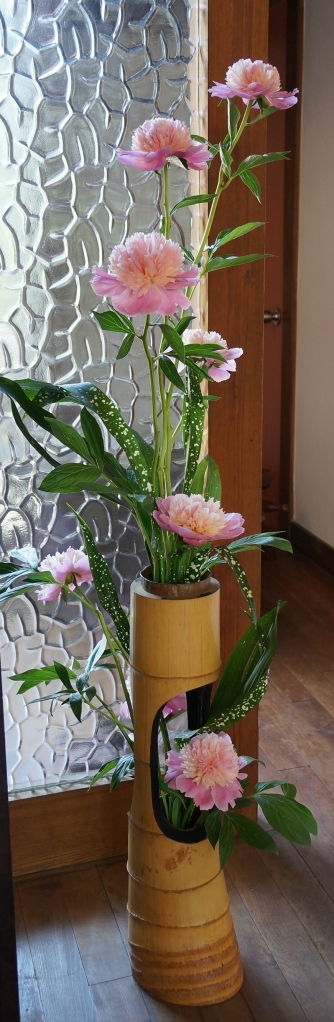 From another angle: my composition with peony and aspidistra in a vintage bamboo vase